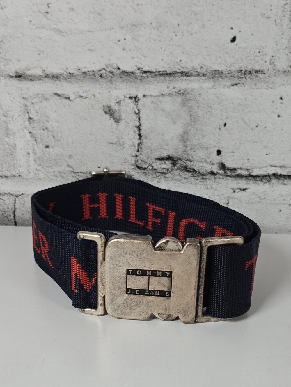 Tommy Hilfiger Jeans Logo Seatbelt Buckle Web Belt Navy Red Y2K Vintage